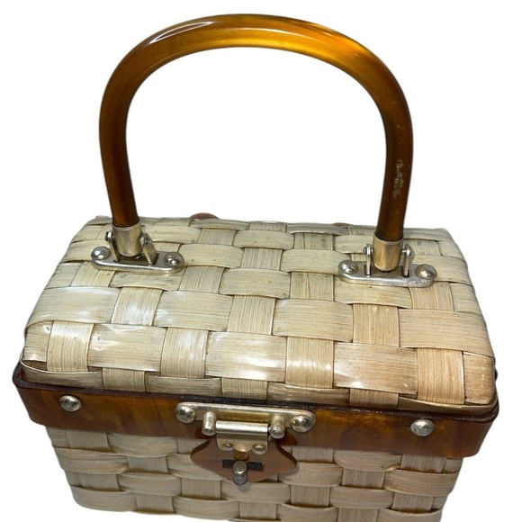 Vintage Lucite Small Bag Tan/Brown Kiss Lock Open Tigers Eye Hinged Open - Picture 2 of 15